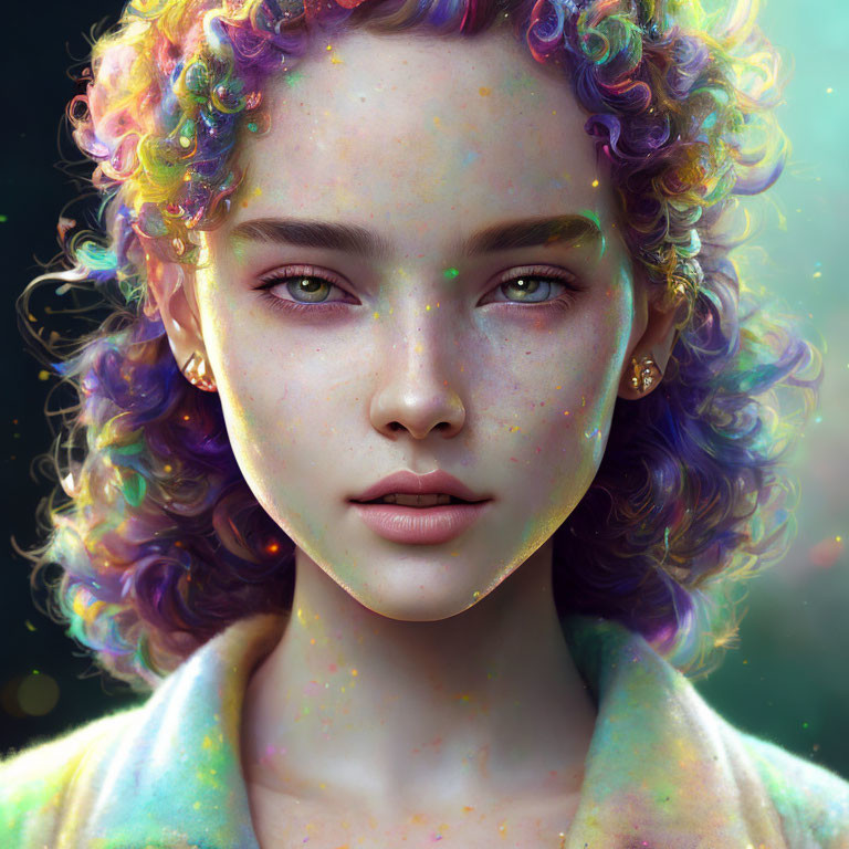 Colorful curly-haired woman with freckles and glowing skin in digital portrait