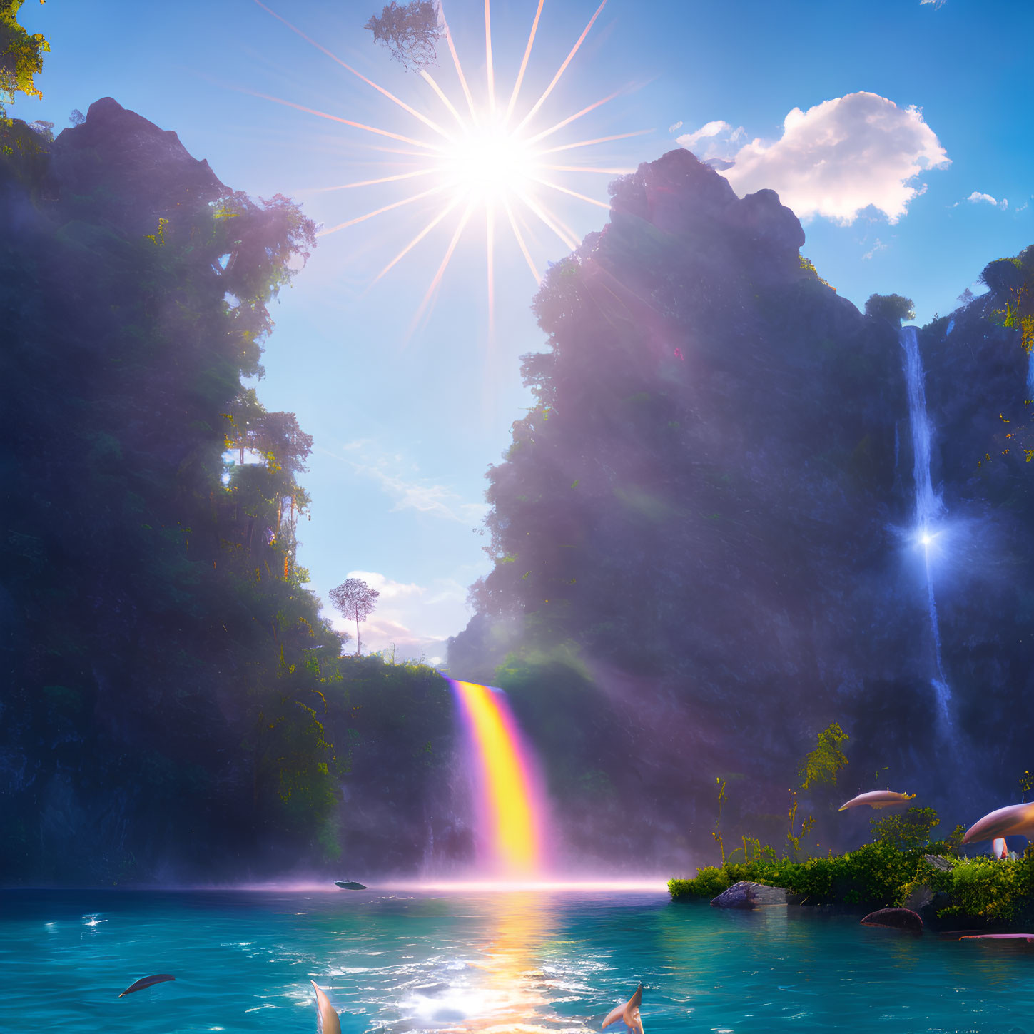 Tranquil landscape with sun, waterfall, rainbow lake reflection, cliffs, and birds