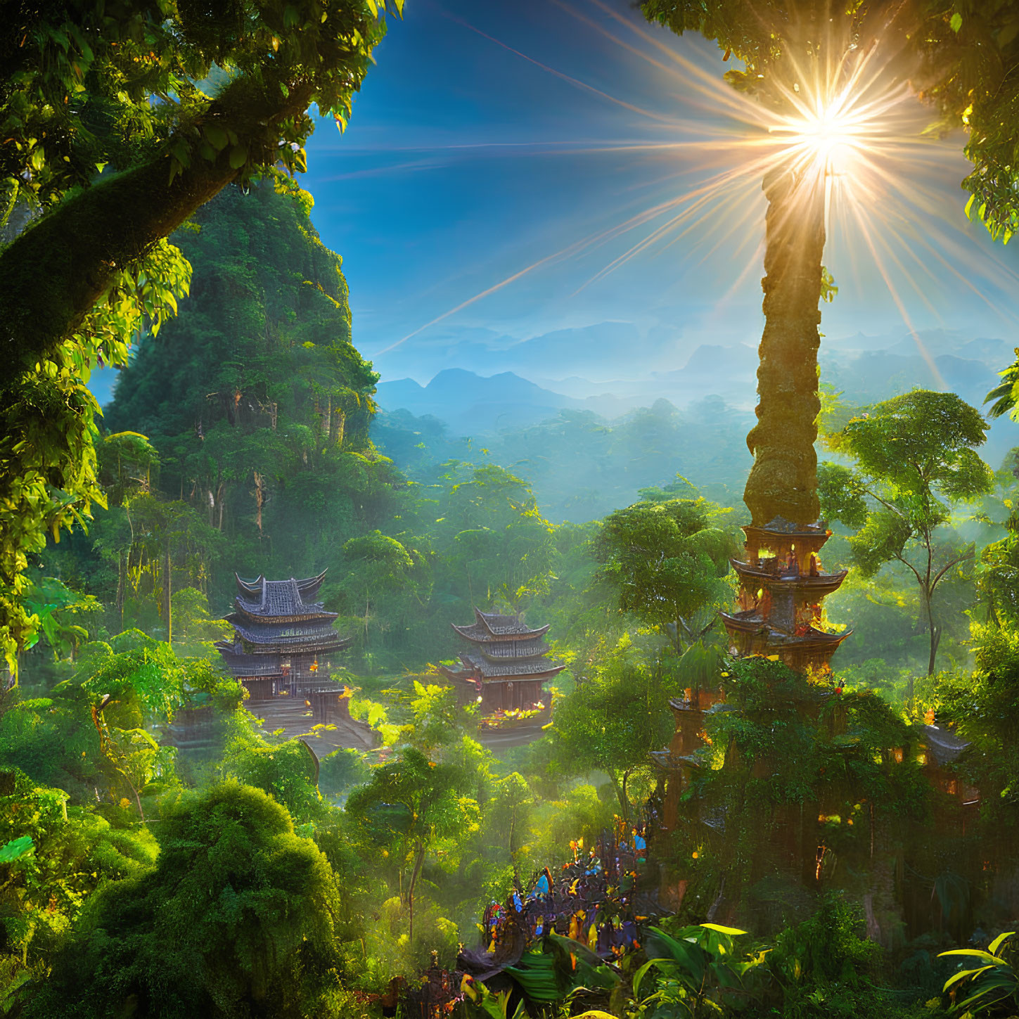 Majestic sunrise over ancient Asian temple in lush forest