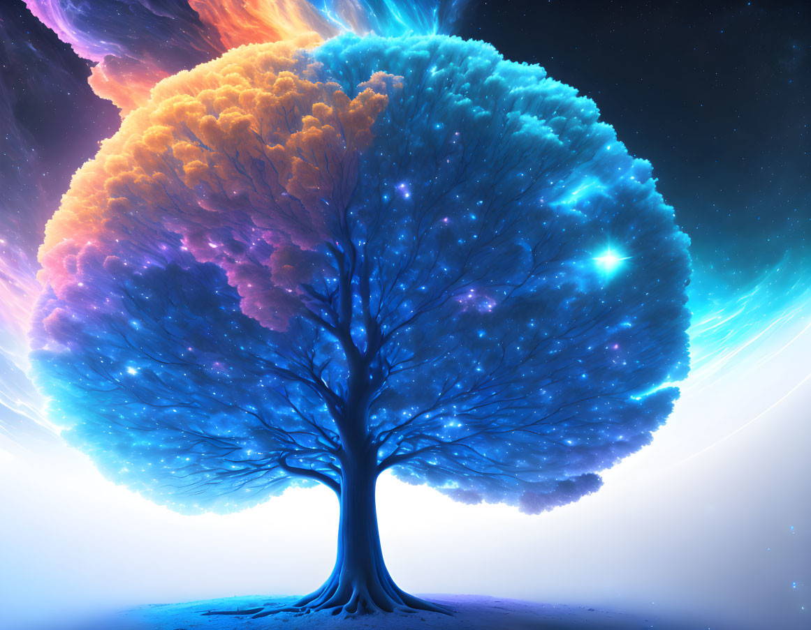 Colorful Digital Artwork: Vibrant Tree with Orange and Blue Canopy on Cosmic Background