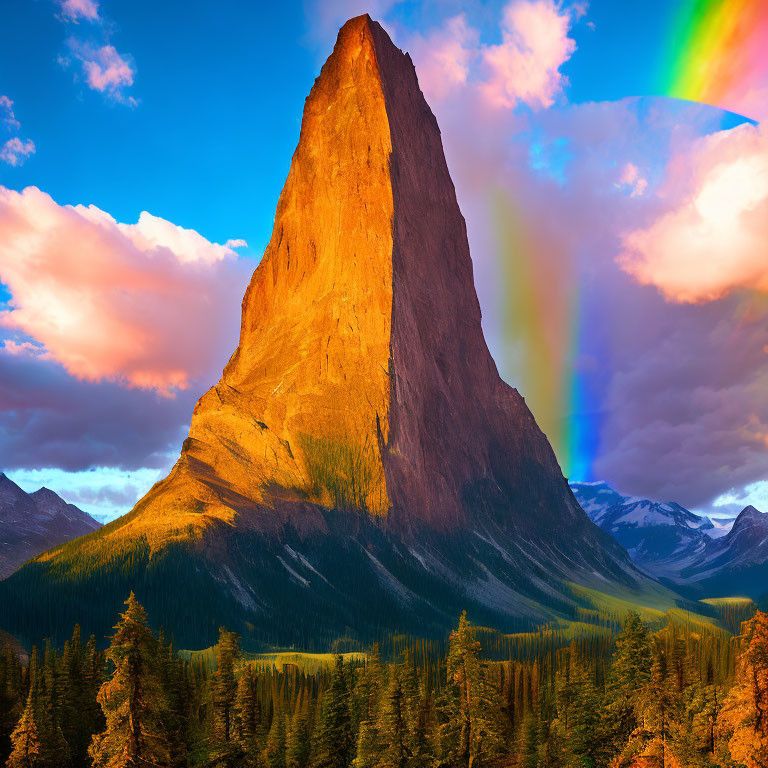 Majestic mountain peak with rainbow in vibrant sky