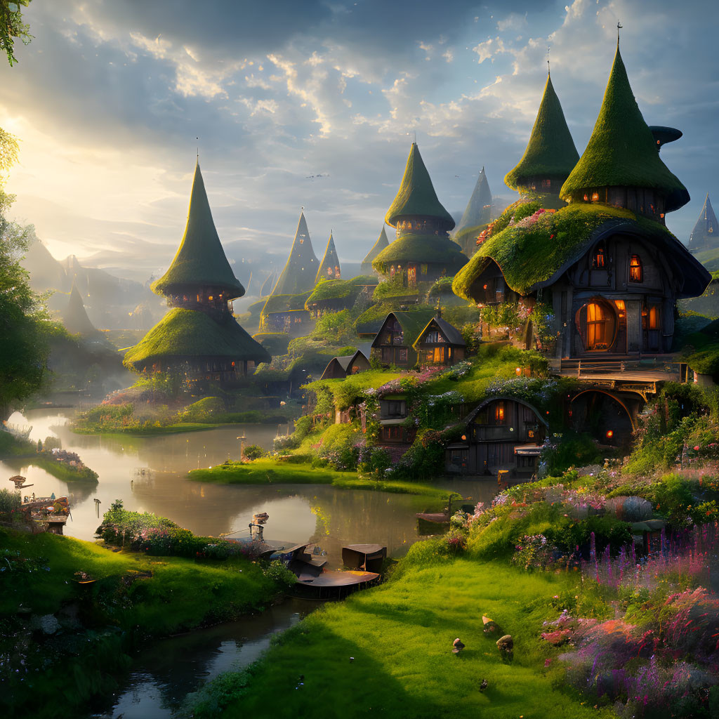 Fantasy village with thatched-roof houses and serene river