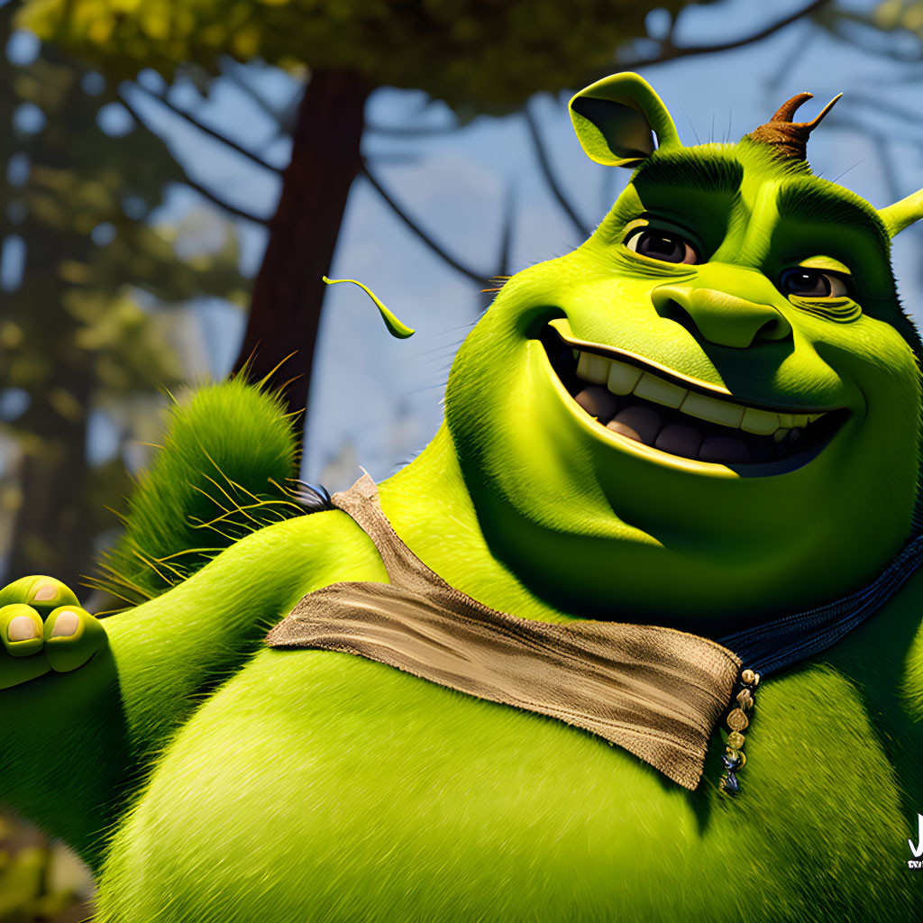 Animated green ogre in brown vest against forest background