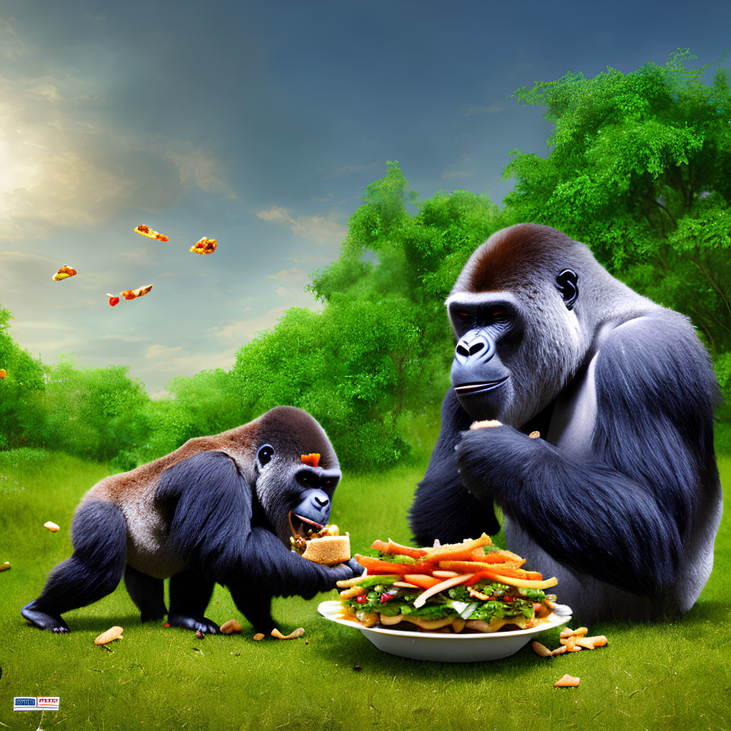 Two gorillas in green meadow, one eats vegetables, one tosses fries.