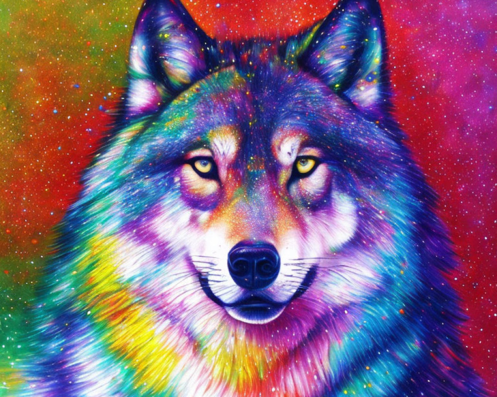 Colorful Wolf Face Illustration on Cosmic Starry Background