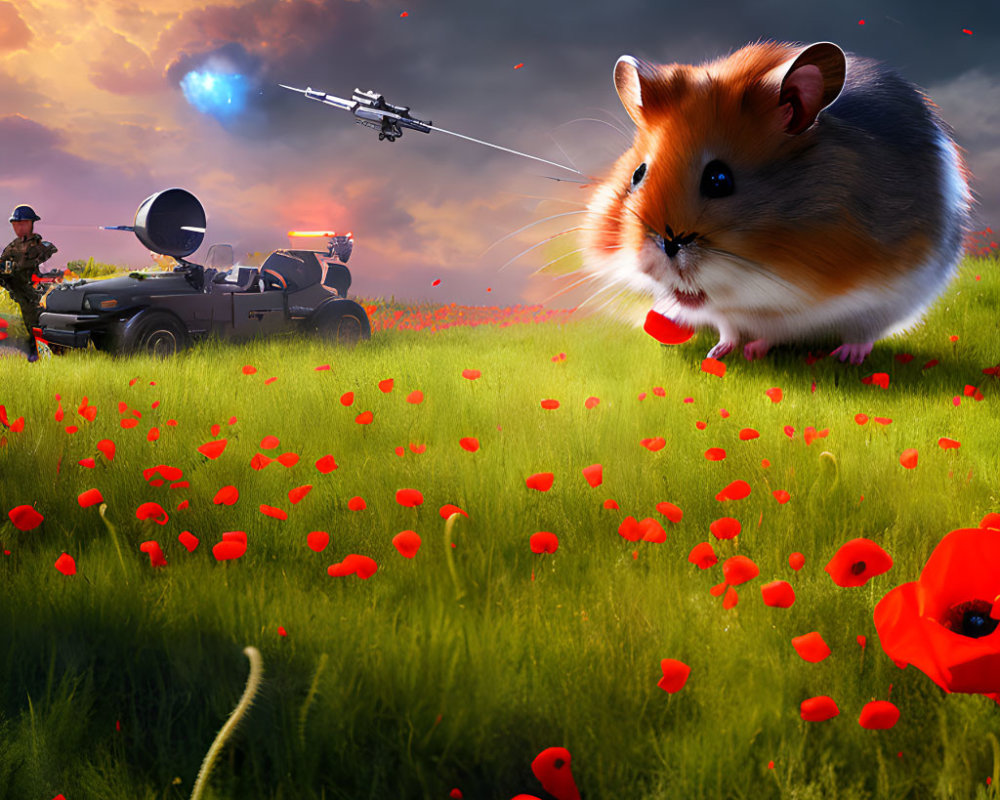 Giant hamster in poppy field with soldier and military vehicle under dramatic sky