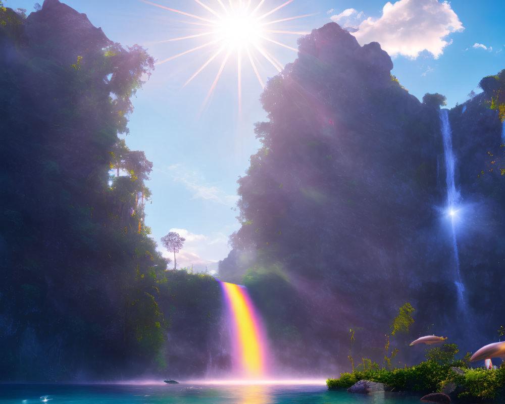 Tranquil landscape with sun, waterfall, rainbow lake reflection, cliffs, and birds