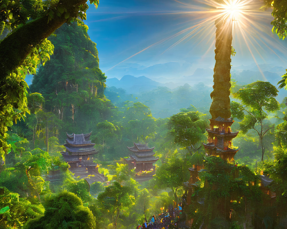 Majestic sunrise over ancient Asian temple in lush forest