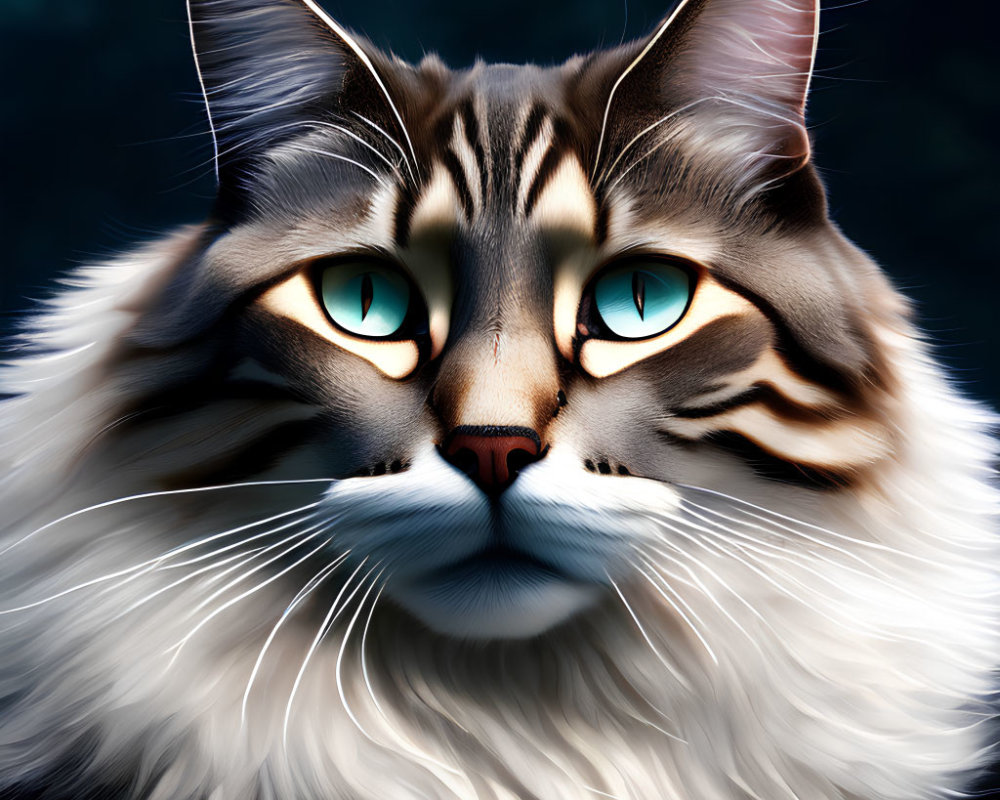 Detailed illustration of a cat with turquoise eyes and fluffy fur