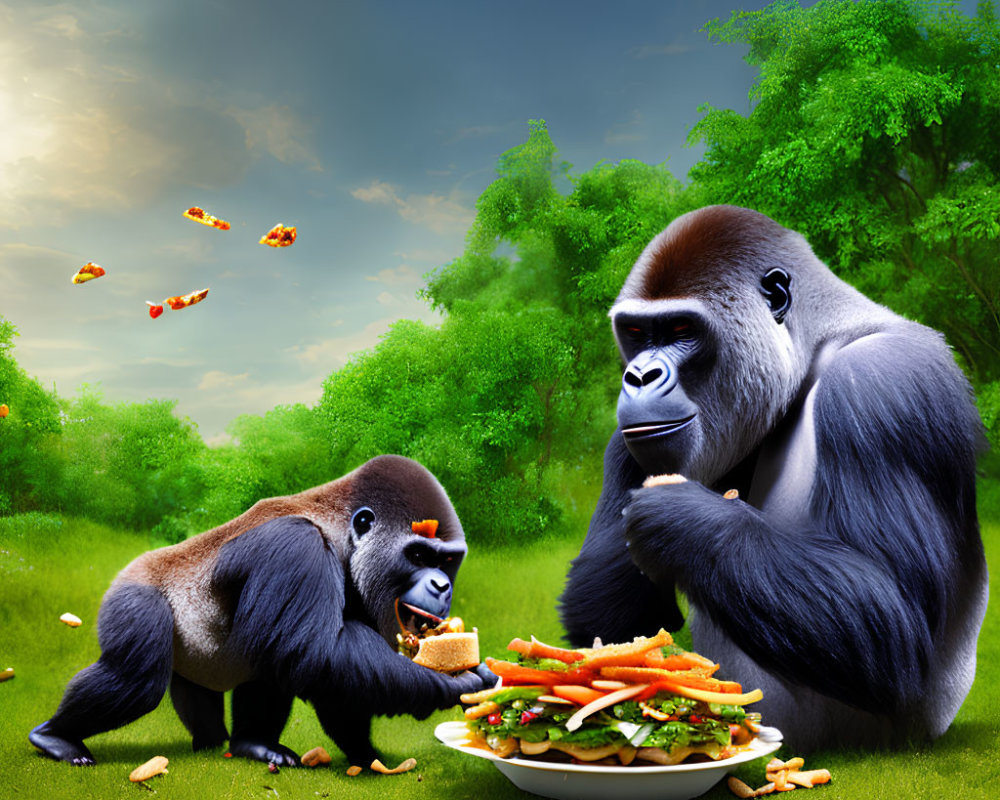 Two gorillas in green meadow, one eats vegetables, one tosses fries.