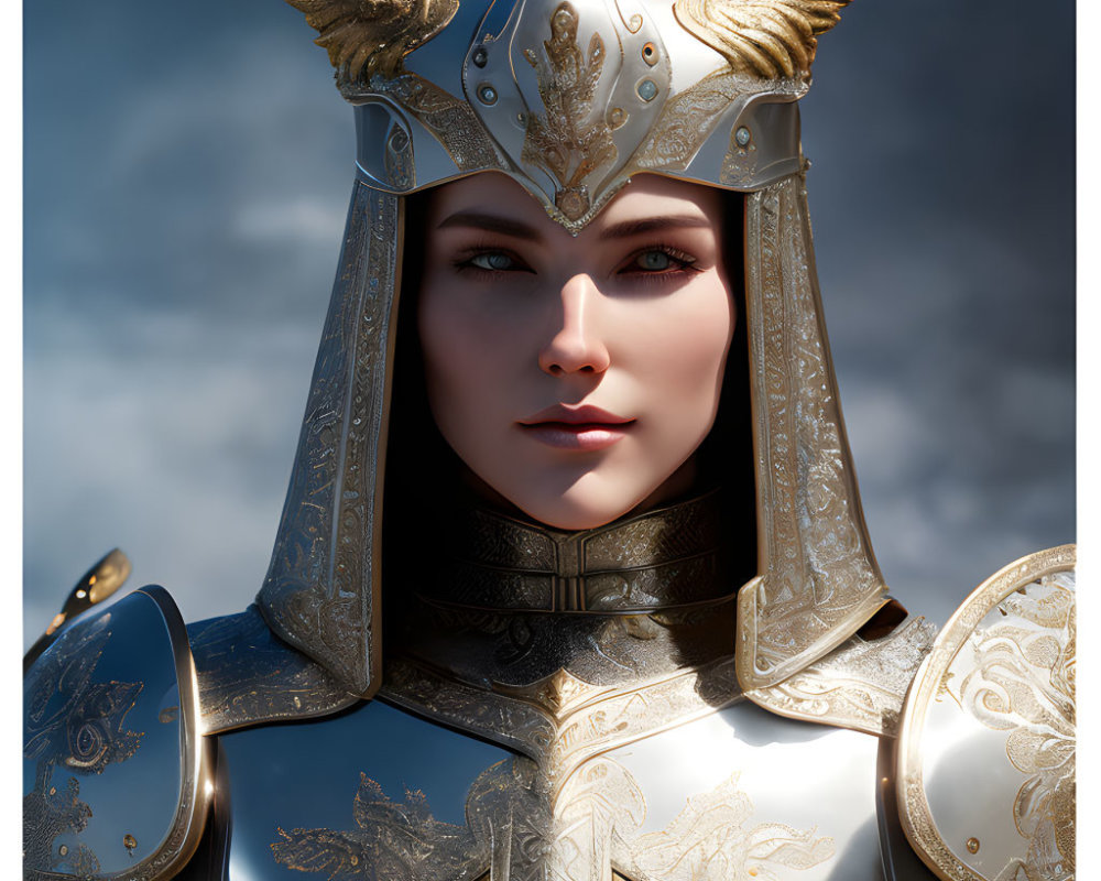 Female Knight in Silver and Gold Armor with Winged Helmet under Cloudy Sky