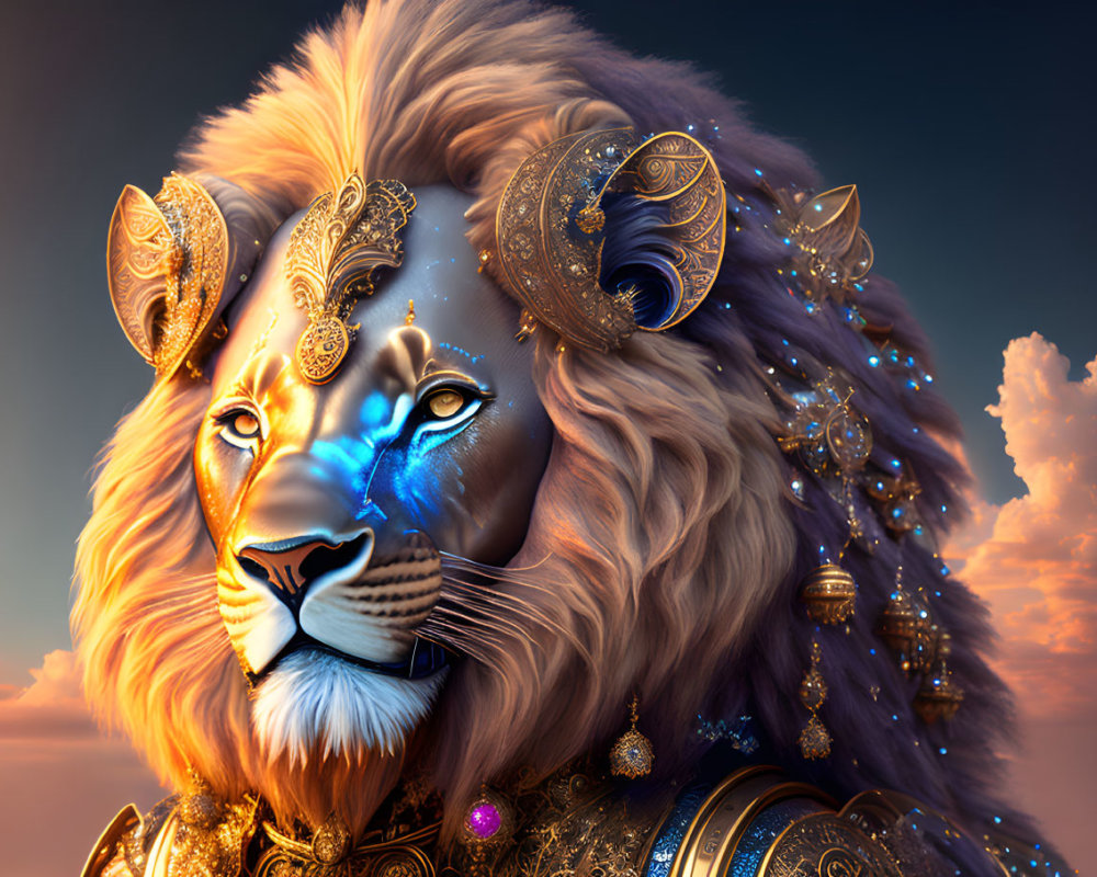 Majestic lion art in golden armor with glowing blue markings on twilight sky.