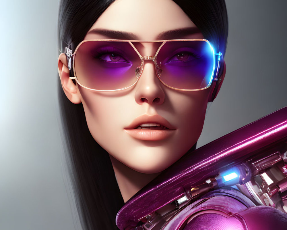 Digital artwork: Woman with black hair, purple glasses, metallic purple outfit