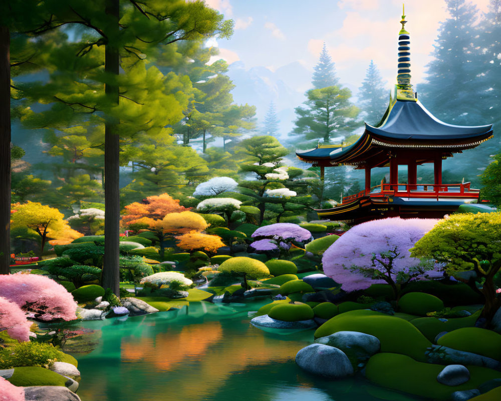 Tranquil Japanese garden with pond, bridges, and pagoda in soft sunlight