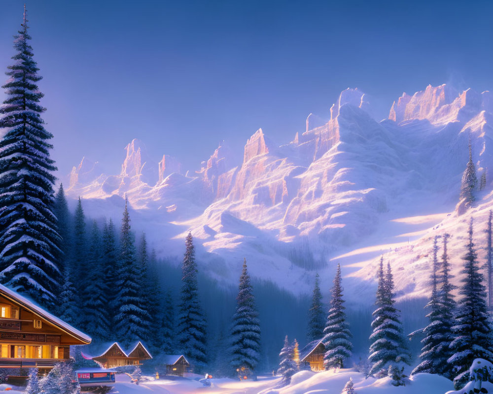 Snow-covered chalet, trees, and mountains in twilight scene