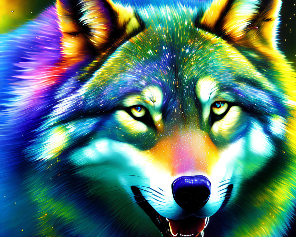 Colorful Wolf Artwork with Cosmic Background