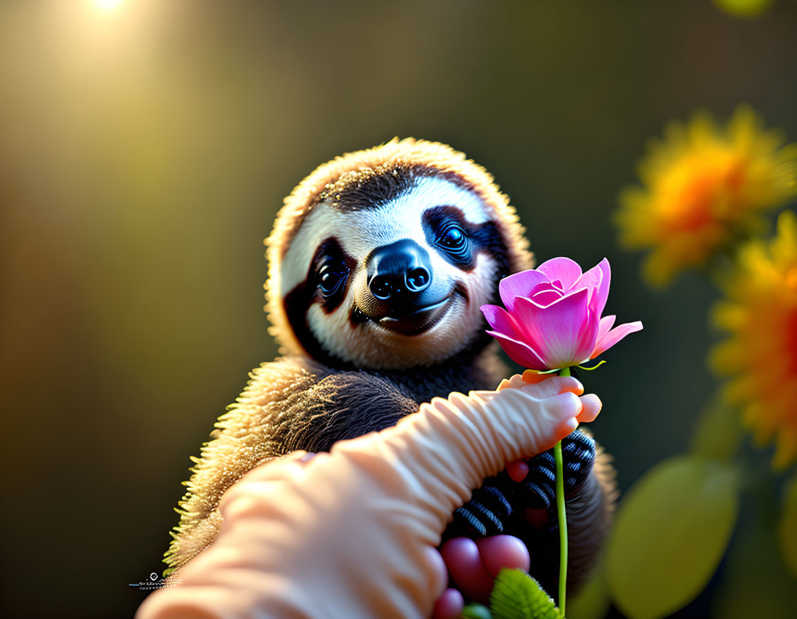 Smiling sloth holding pink flower with sunlit foliage bokeh