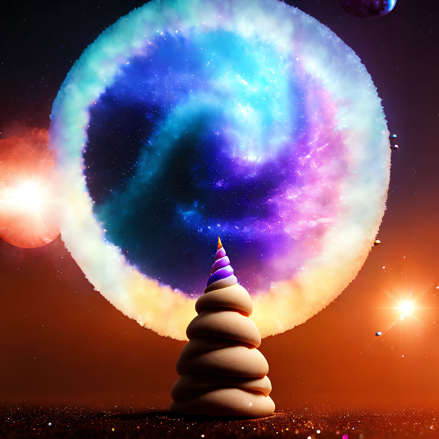 Whimsical stone pyramid in surreal cosmic scene