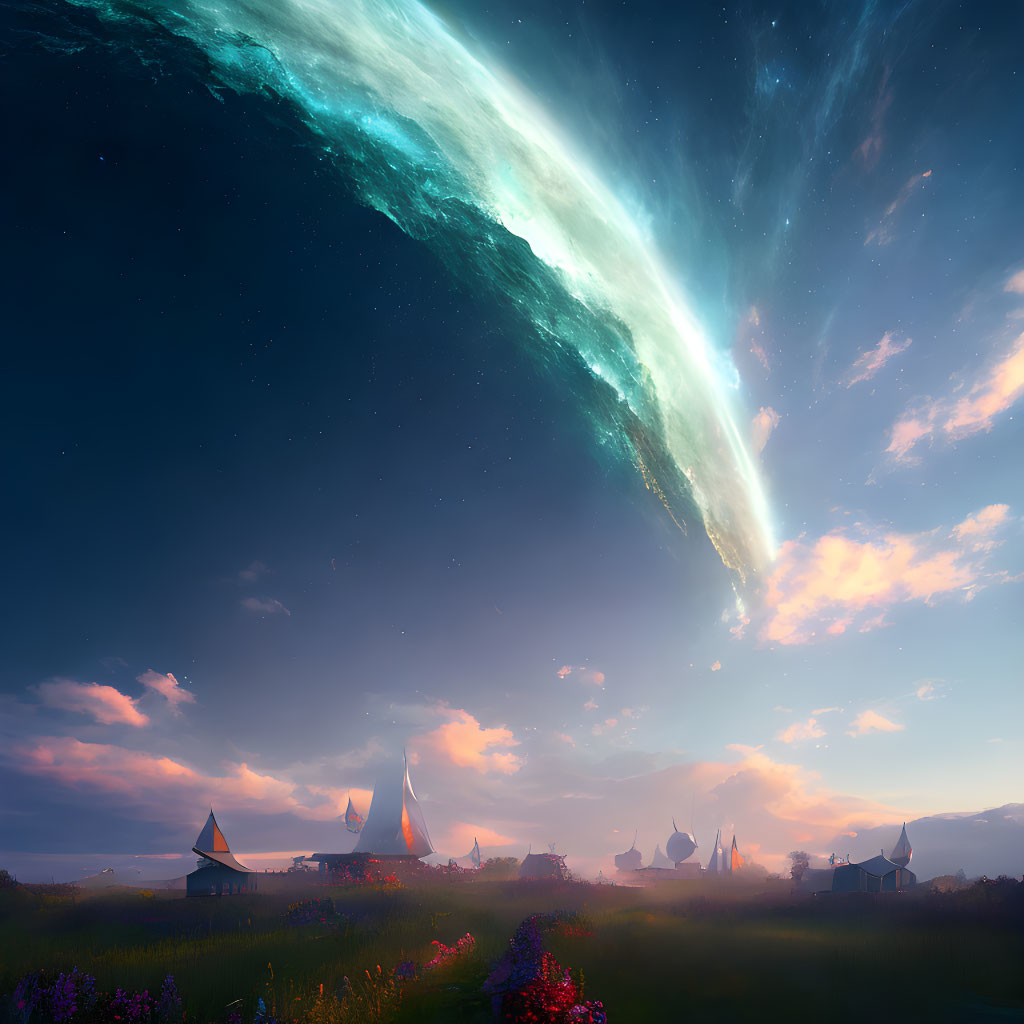 Fantasy landscape with village, wildflowers, and glowing celestial body