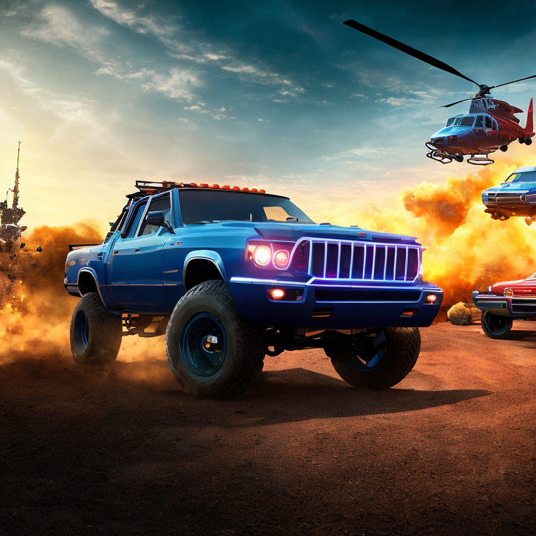 Blue monster truck with illuminated headlights in dusty setting with red helicopter and fiery explosion