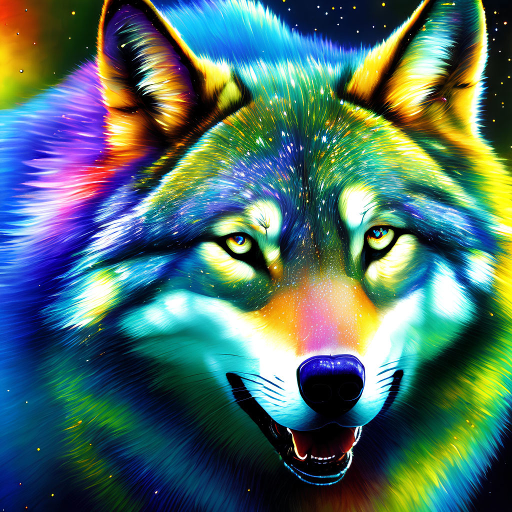 Colorful Wolf Artwork with Cosmic Background