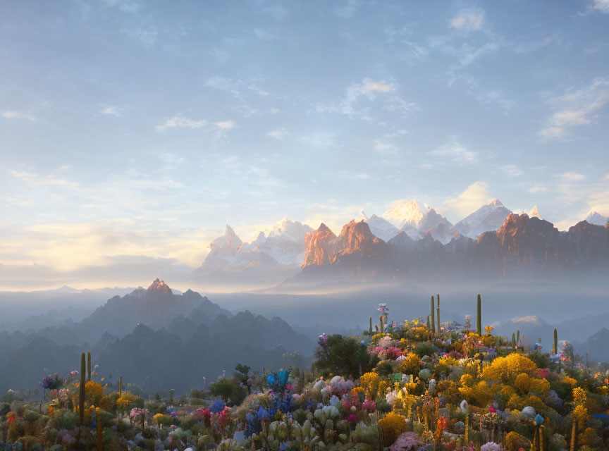 Majestic snow-capped mountains in serene landscape with wildflowers and cacti