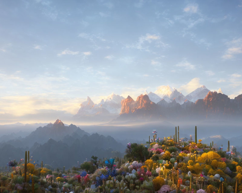 Majestic snow-capped mountains in serene landscape with wildflowers and cacti