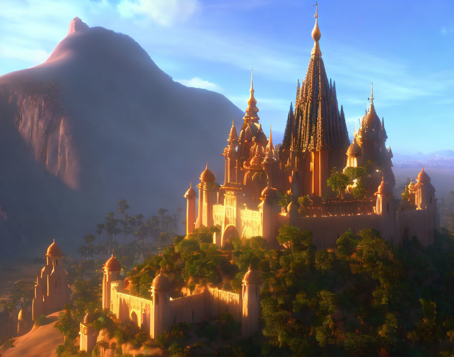 Enchanting fairytale castle at sunrise with mountain backdrop