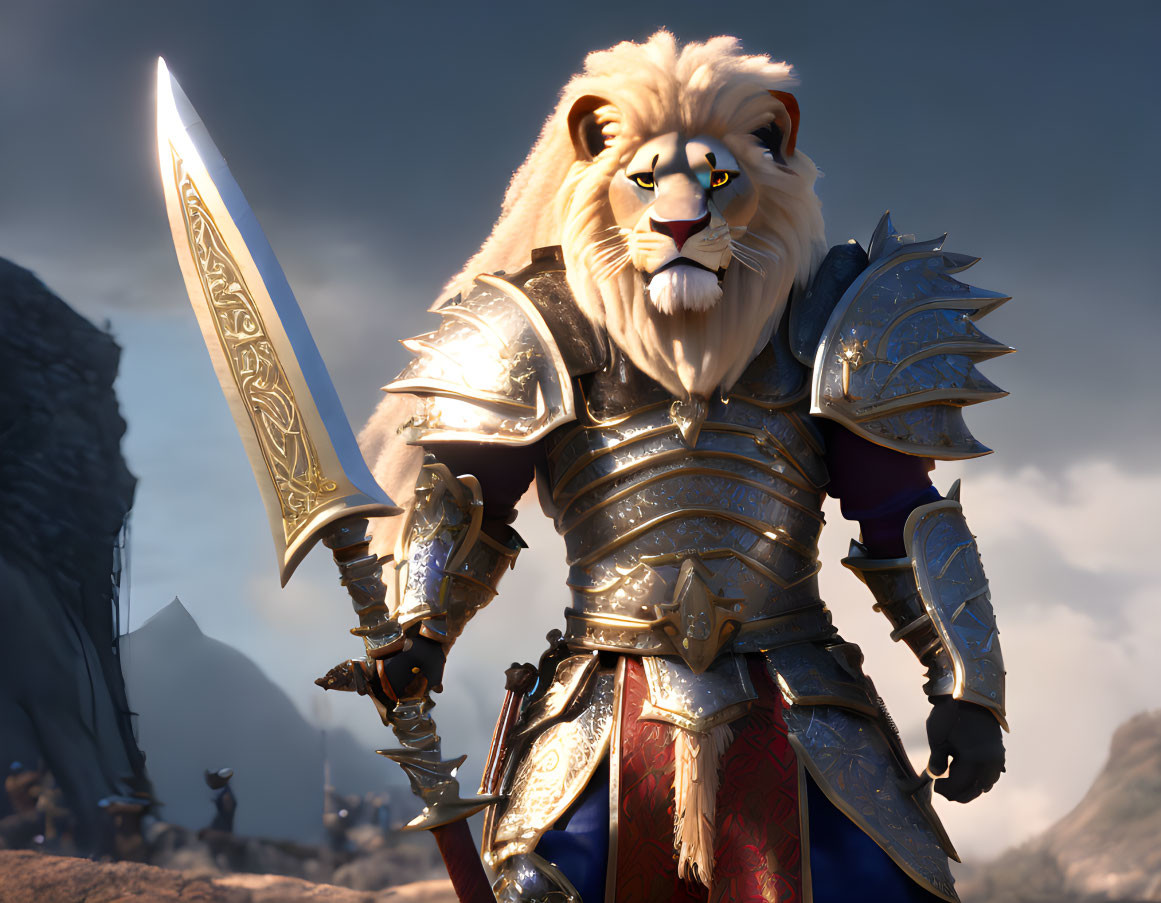 Anthropomorphic lion character in ornate armor with sword on rocky backdrop