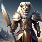 Anthropomorphic lion character in ornate armor with sword on rocky backdrop