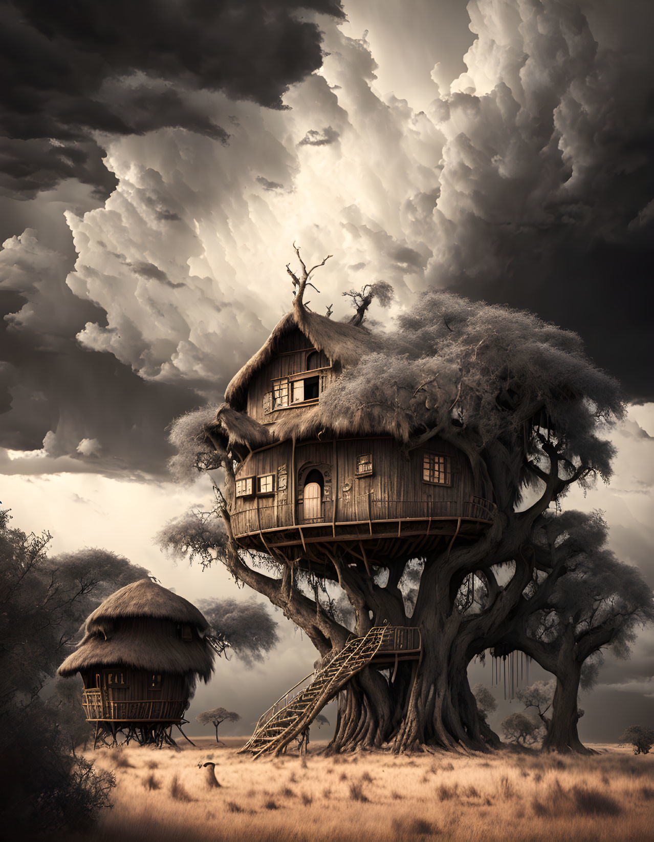 Whimsical treehouse in gnarled tree under dramatic sky