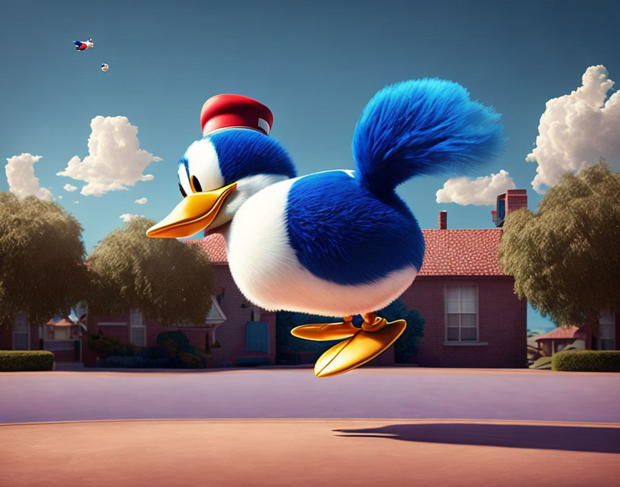 Giant cartoon duck with red hat and drone in sunny suburban scene