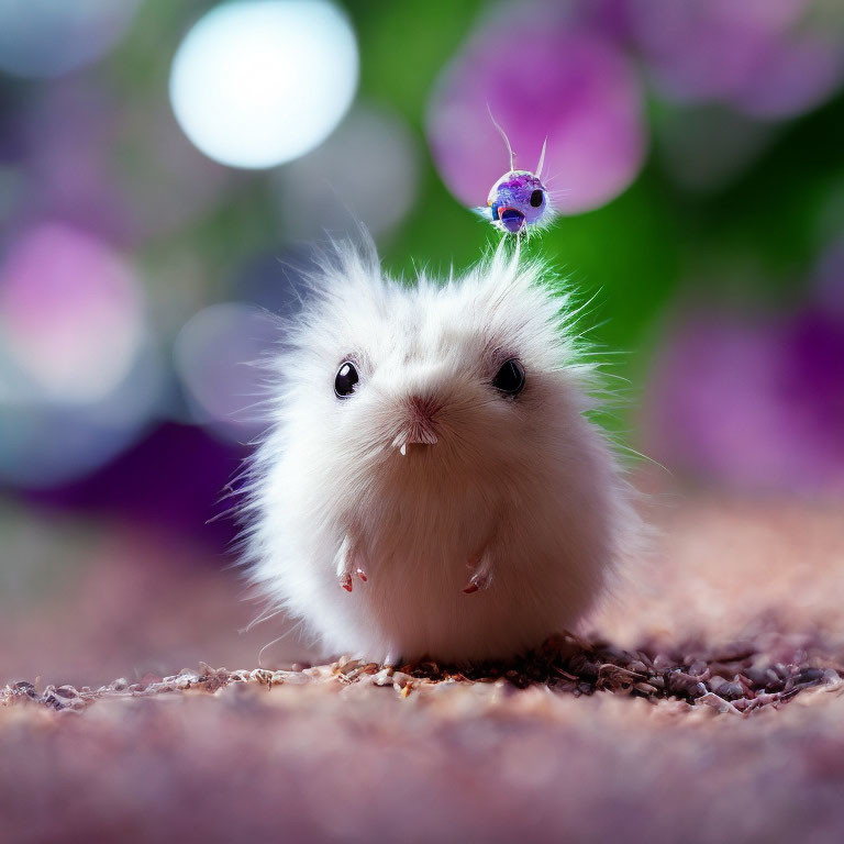 Fluffy white creature with tiny purple companion in soft, bokeh setting