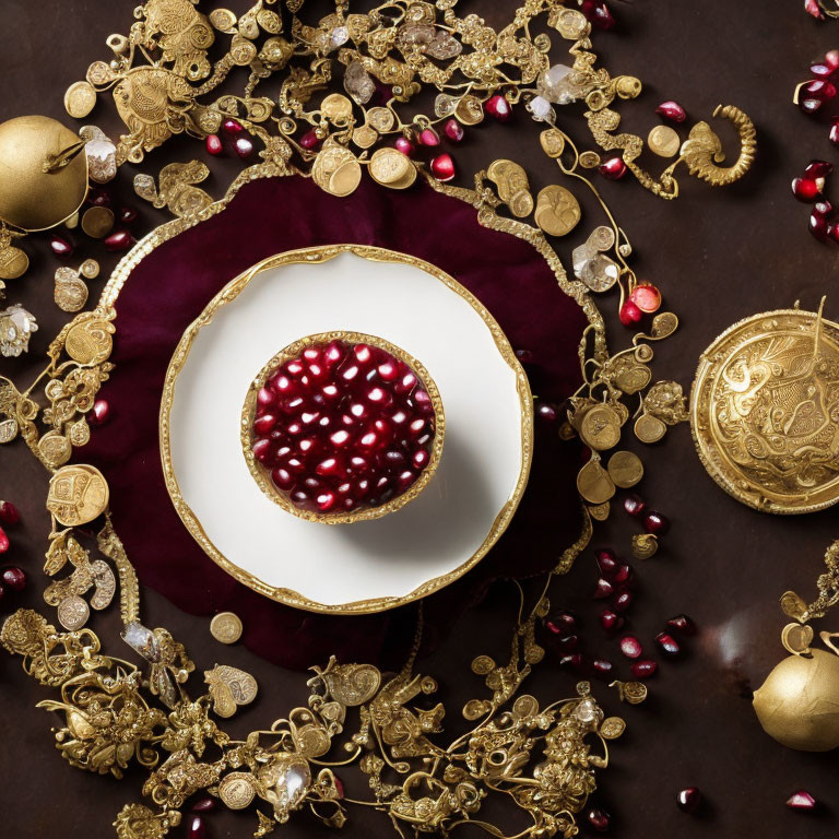 Luxurious gold-rimmed plate on maroon cloth with ornaments, jewelry, and pomegran