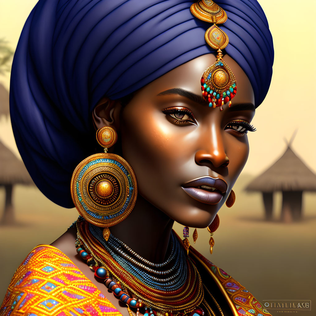 Digital artwork: African woman in blue headwrap, gold earrings, colorful necklaces, huts background