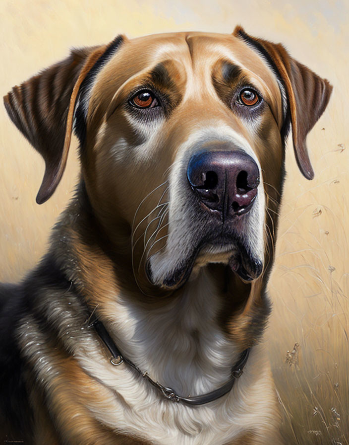 Brown and Black Dog Portrait with Collar on Beige Background