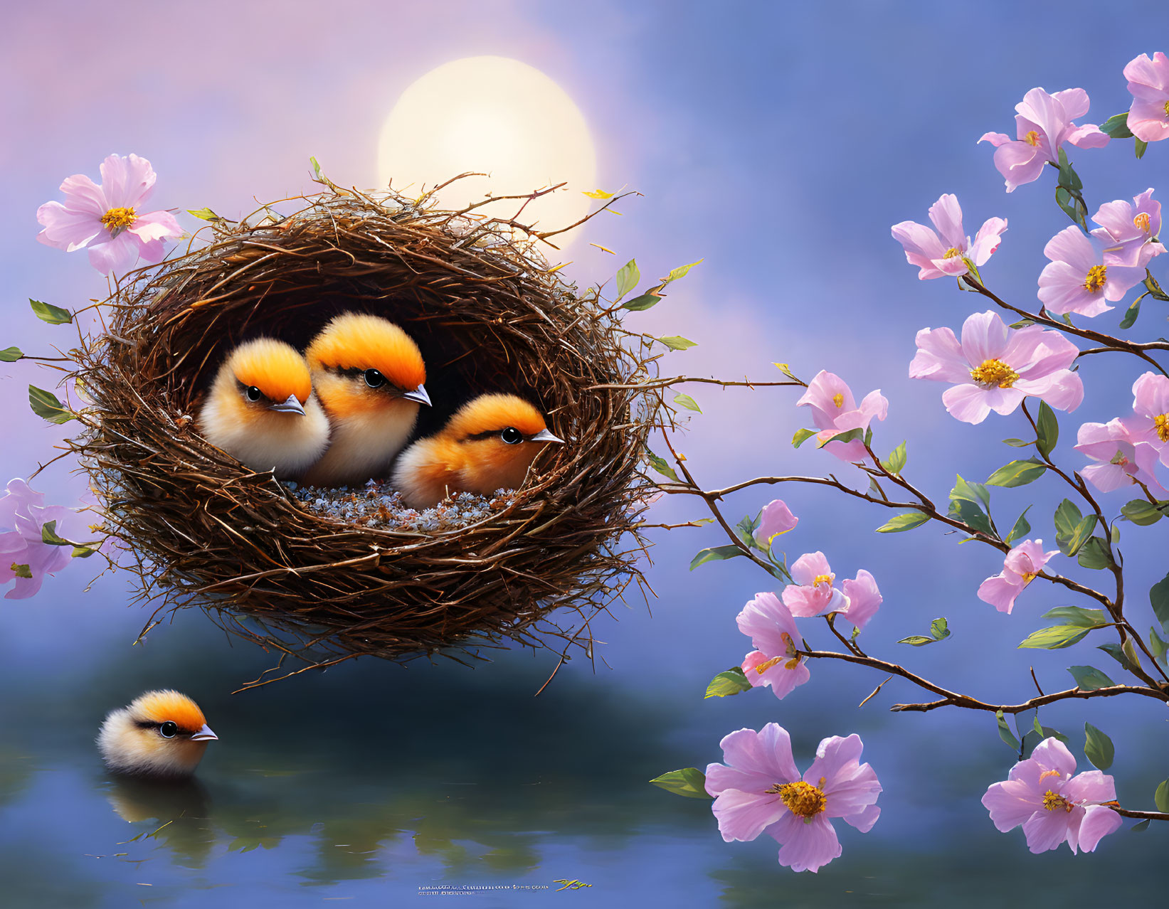 Four fluffy chicks in nest amidst pink blossoms, with blurry moon.