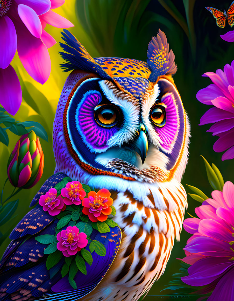 Colorful Owl Illustration with Floral Background and Butterfly