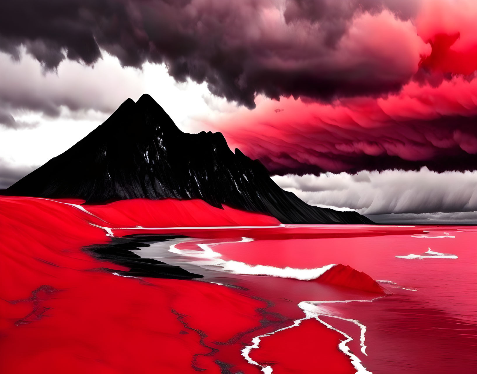 Dramatic landscape with dark mountain under crimson sky