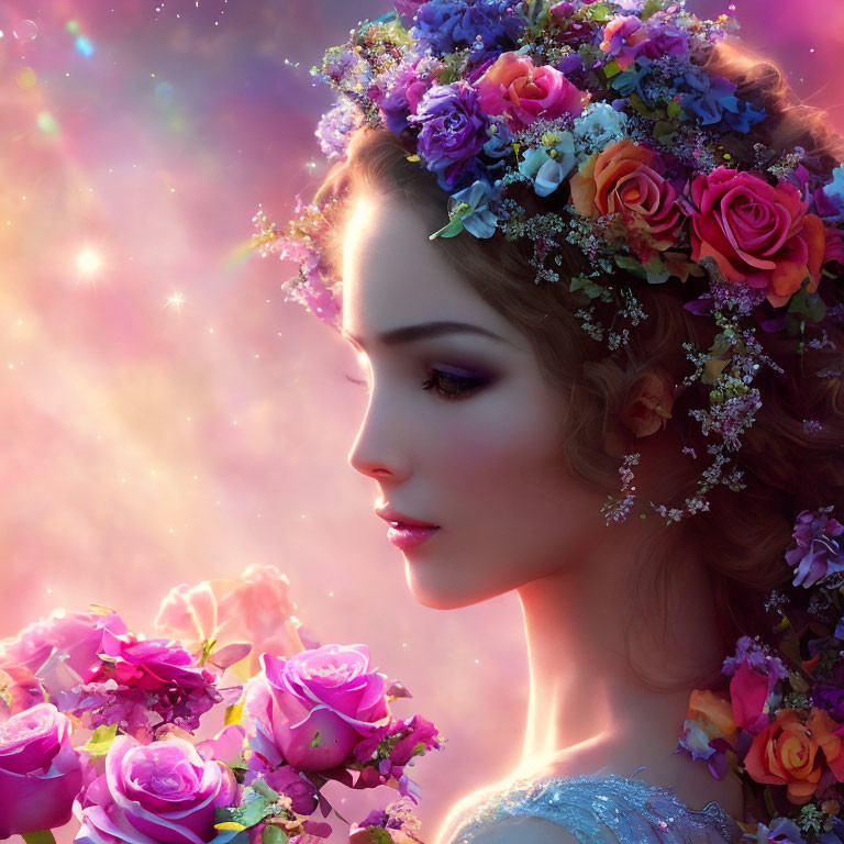 Vibrant floral crown on woman in digital art portrait