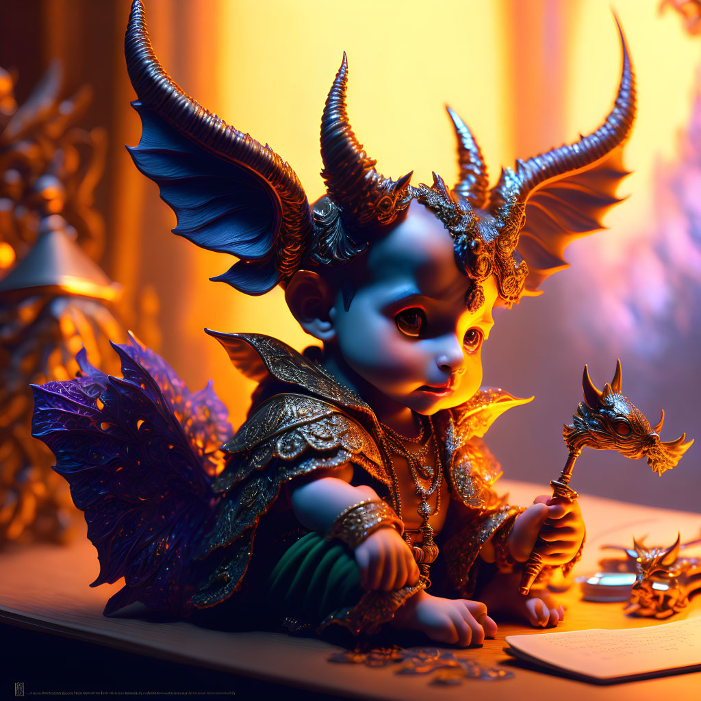 Digital fantasy art of baby with dragon features holding scepter