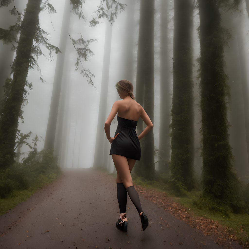 Person jogging on misty forest path among tall trees