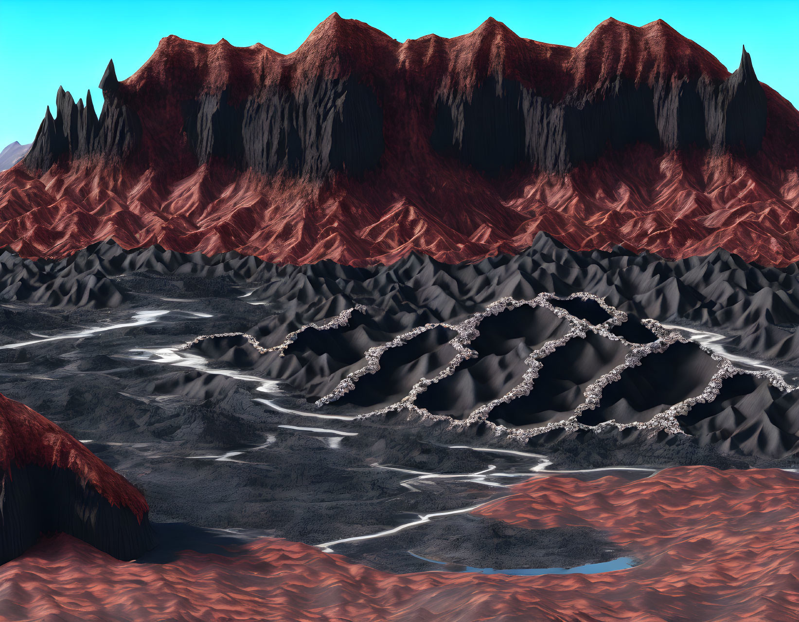 Alien landscape with red mountains, dark valleys, and blue sky