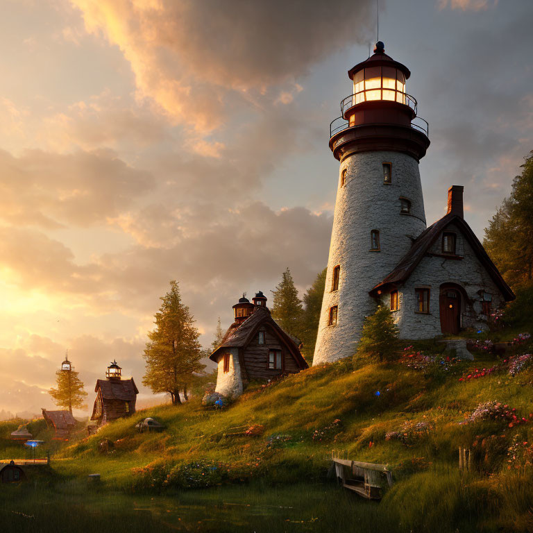 Tranquil sunset landscape with traditional lighthouse, cottages, and flowers