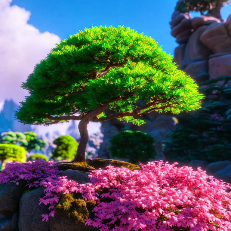 Lush green bonsai tree on pink flowers, rocky terrain, clear blue sky