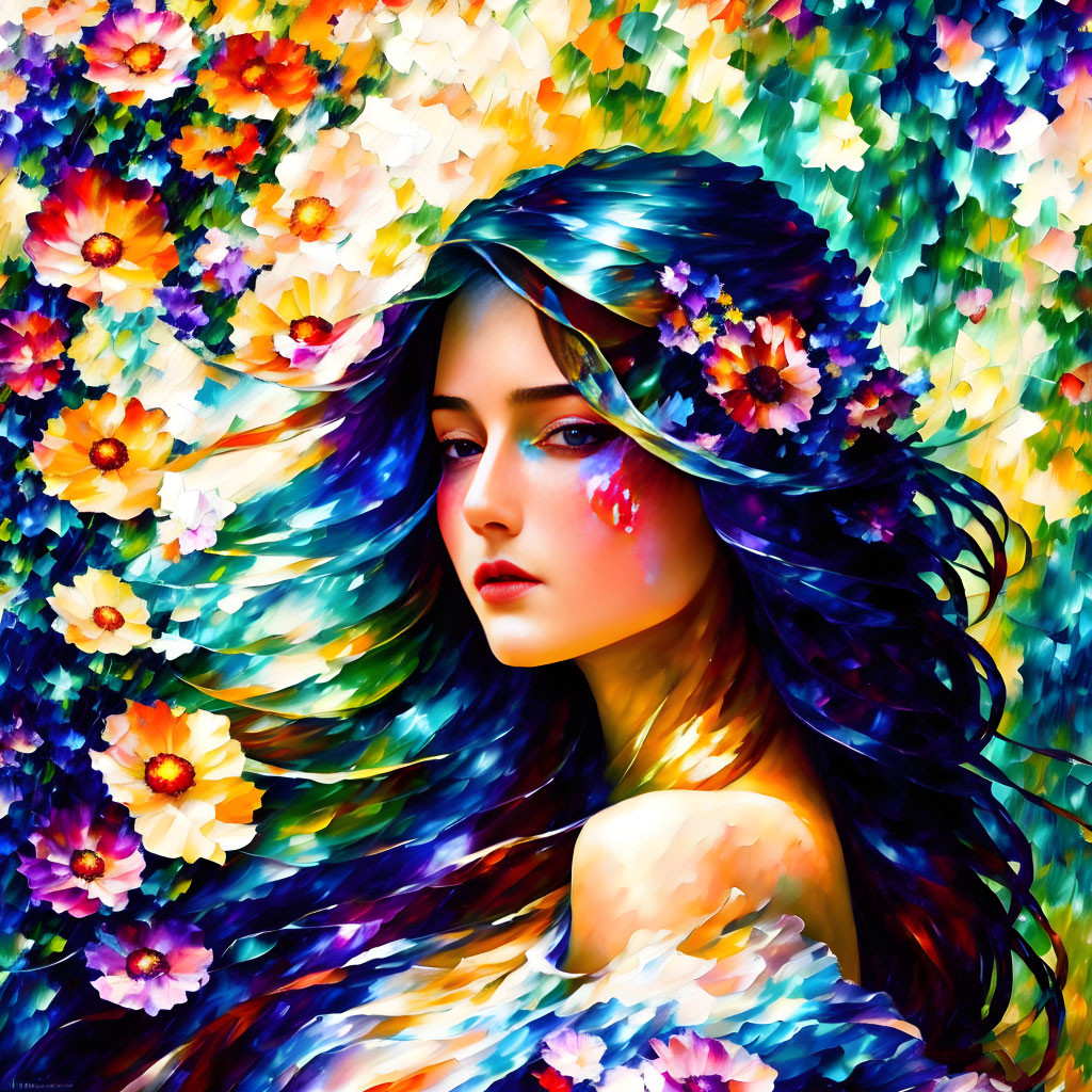 Colorful portrait of woman with blue hair and flowers in vibrant setting