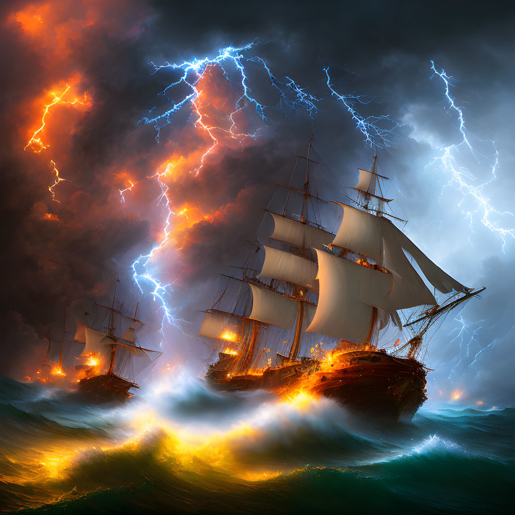 Dramatic storm with sailing ships and intense lightning