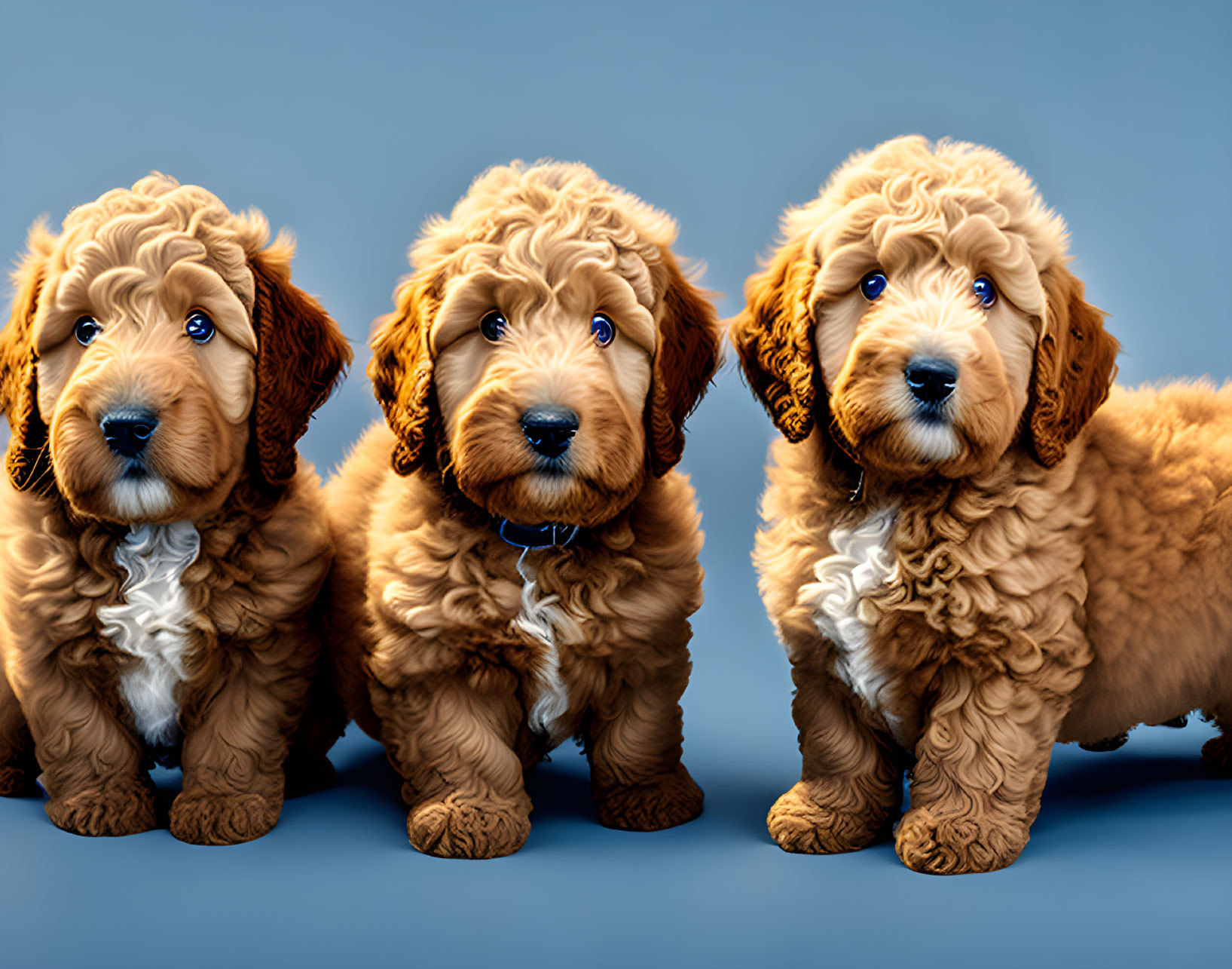 Three Brown Fluffy Puppies with Blue Eyes and Floppy Ears on Blue Background