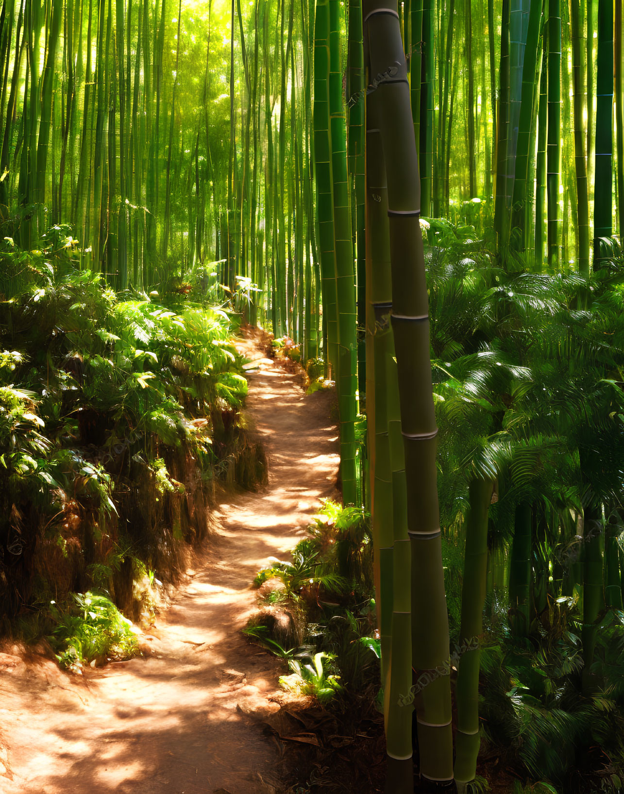 Tranquil path through lush bamboo forest with sunlight filtering through tall green stalks