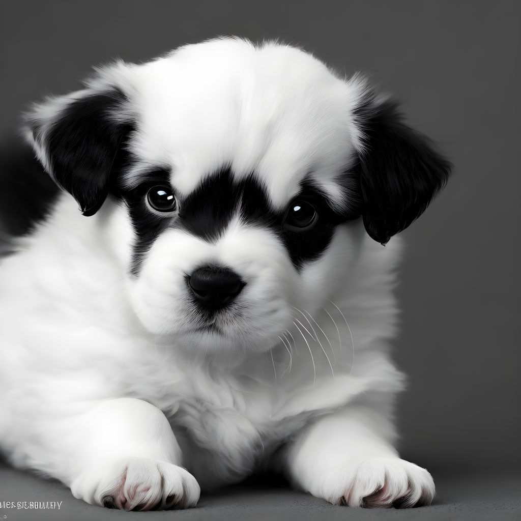 Black and White Puppy with Eye Patch on Gray Background